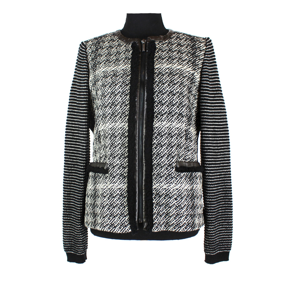 Max Mara Weekend Tweed Jacket Faux Leather Trim Black White Zip Up Knit Size 12